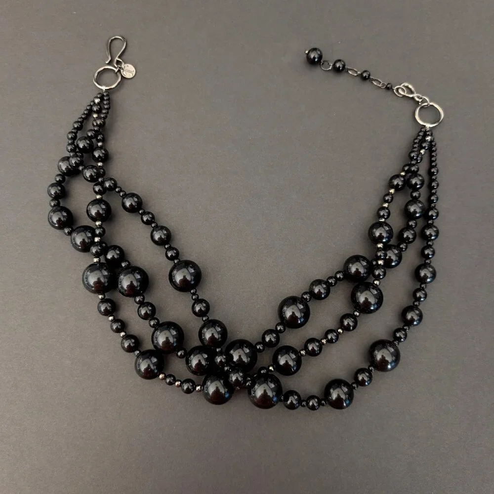Talbots chunky glossy black and hematite beaded layered necklace